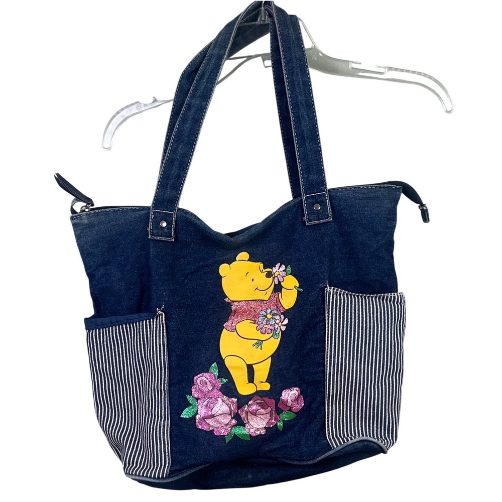 VTG Winnie The Pooh Denim Tote Bag Glittered Embellishment Zippered Pockets READ